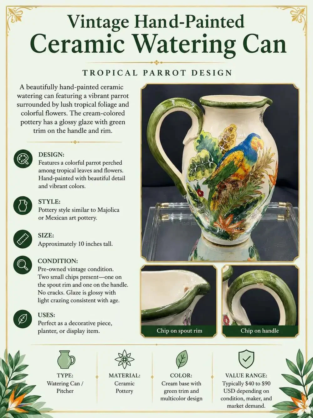 Vintage Hand-Painted Ceramic Watering Can Pitcher with Tropical Parrot Design